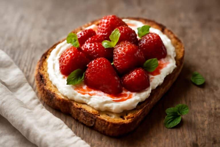Whipped ricotta toast topped with roasted strawberries and fresh mint garnish