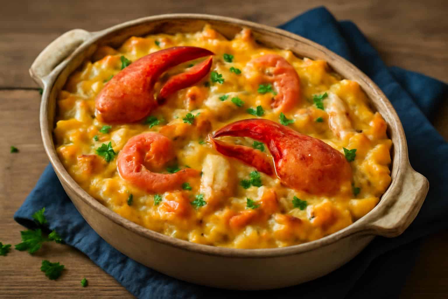 Decadent seafood mac cheese with lobster, crab, and shrimp in a baked dish with golden cheese crust