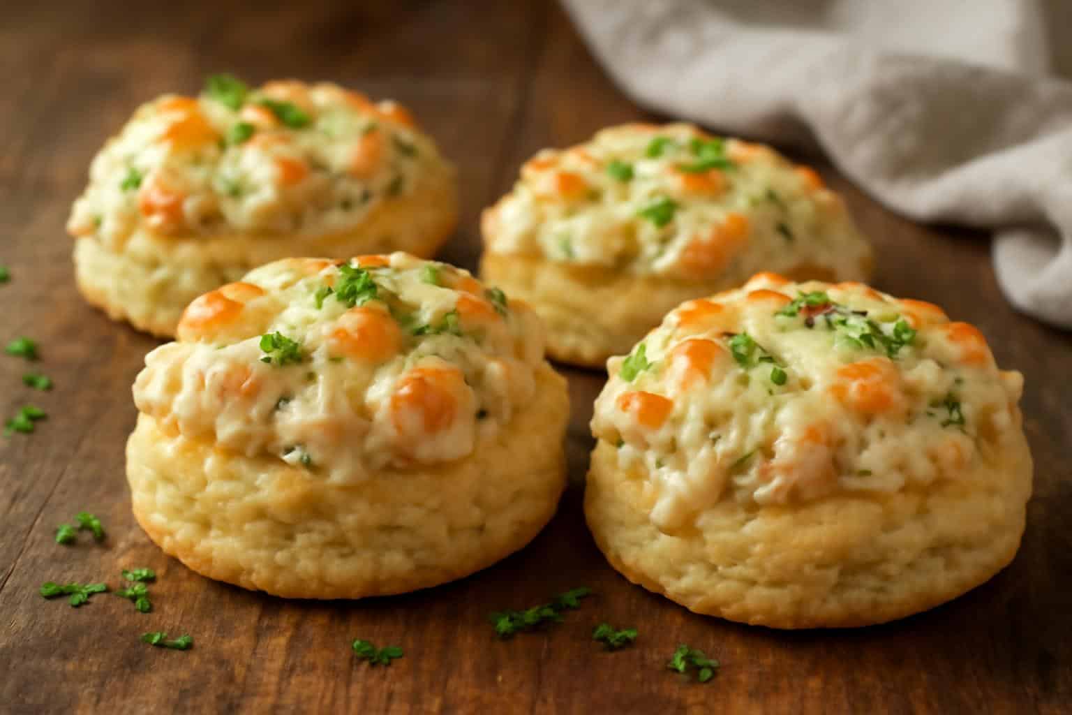 Shrimp crab melts on buttery biscuits with melted cheese and herbs, showcasing shrimp crab melts