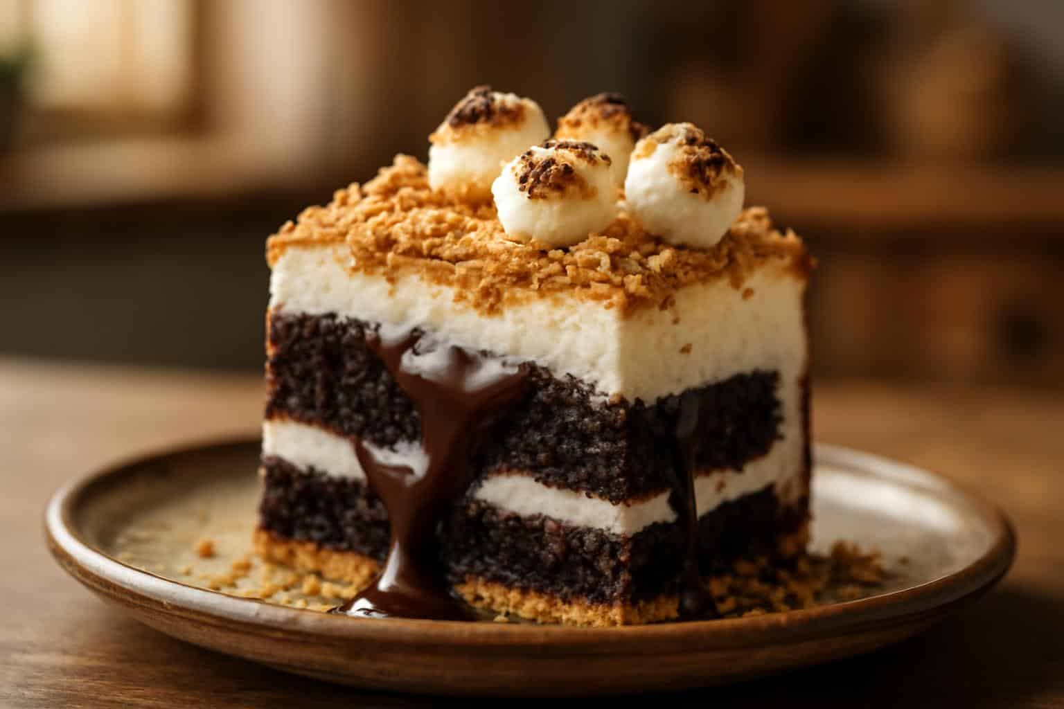 Close-up of a gooey s'mores cake slice with toasted marshmallow and chocolate layers