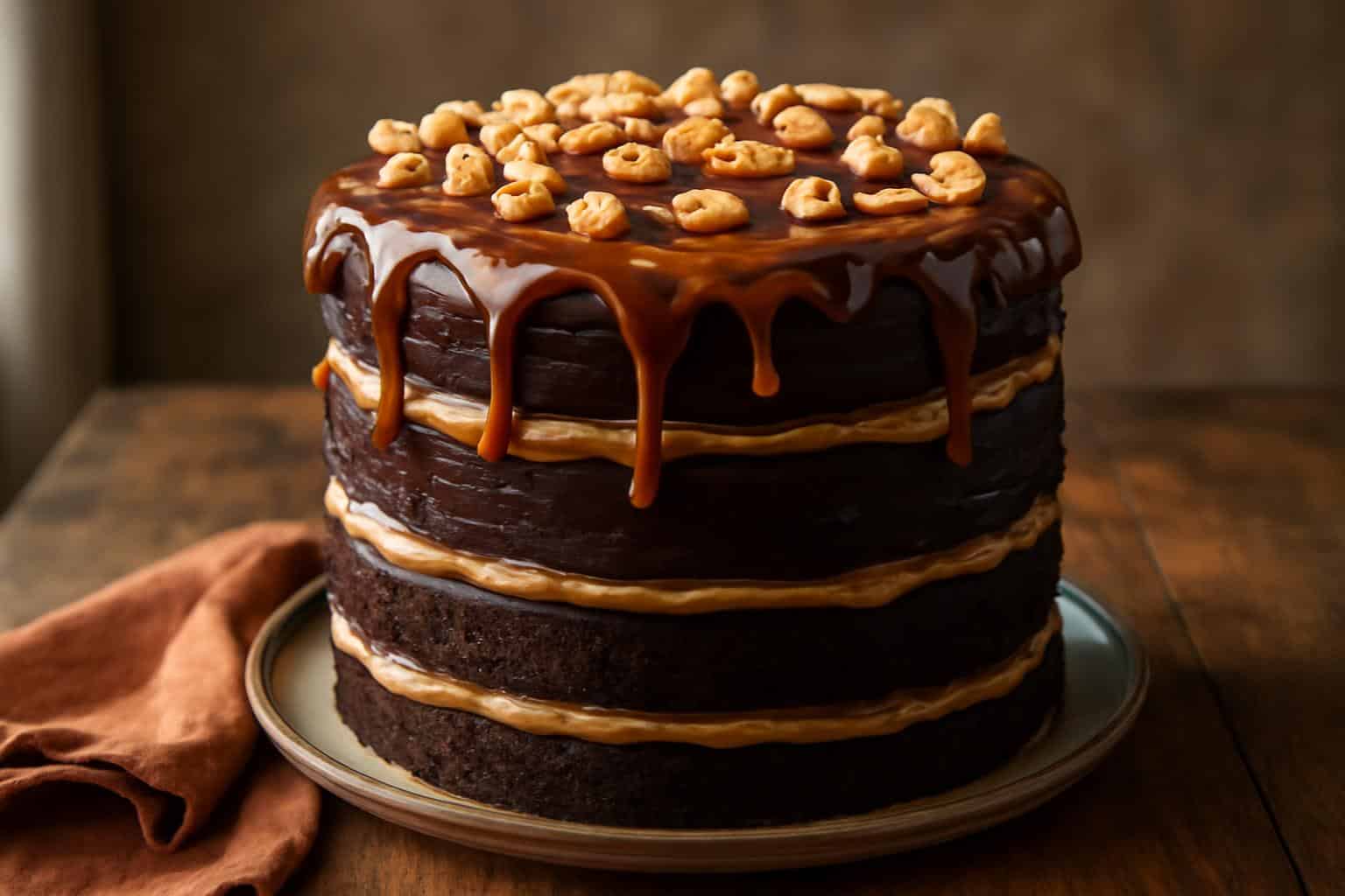 Close-up of decadent Snickers cake with chocolate frosting, caramel drizzle, and peanuts on top