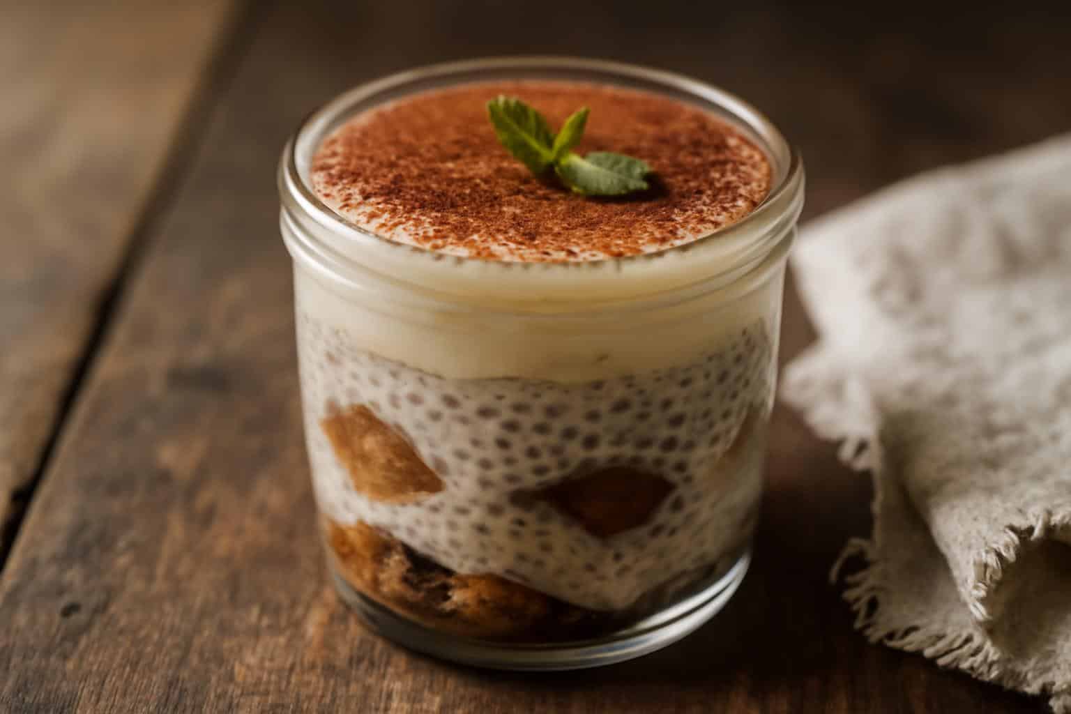 Decadent tiramisu chia pudding in glass with cocoa powder garnish and coffee-soaked sponge layers