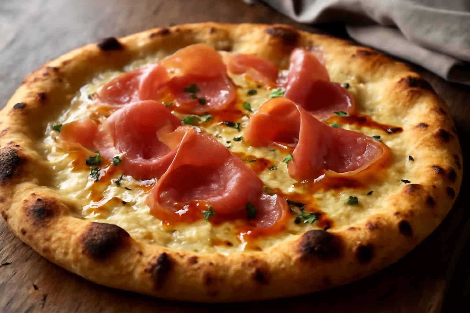 Decadent white pizza prosciutto topped with melted cheese and drizzled with spicy honey