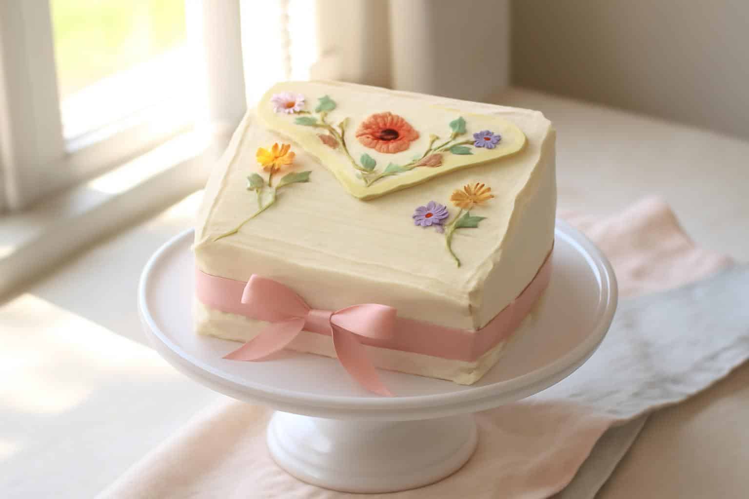 Love letter cake with soft cream frosting and floral details tied with a pink ribbon