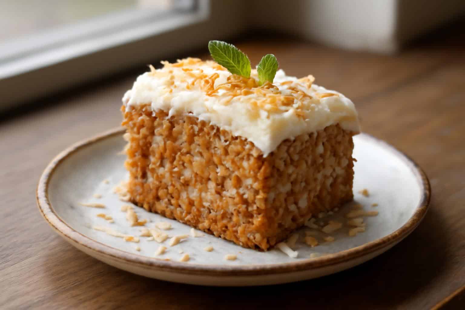 Moist coconut carrot cake slice garnished with toasted coconut and fresh mint