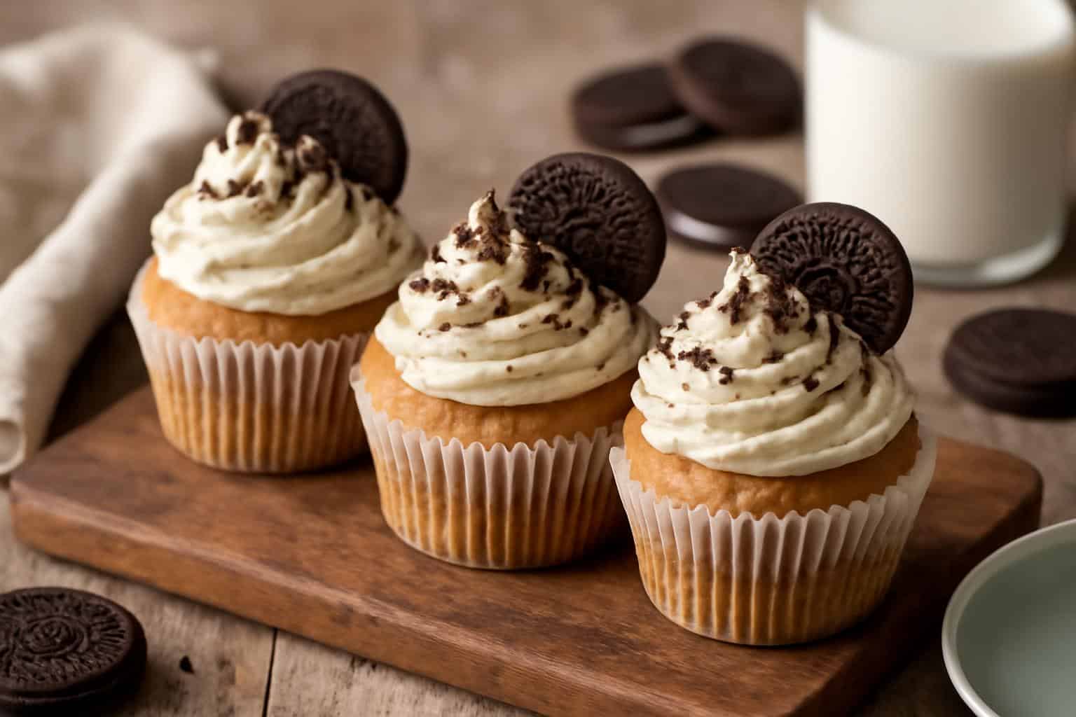 Three homemade cookies cream cupcakes with creamy frosting and cookie crumbles on top