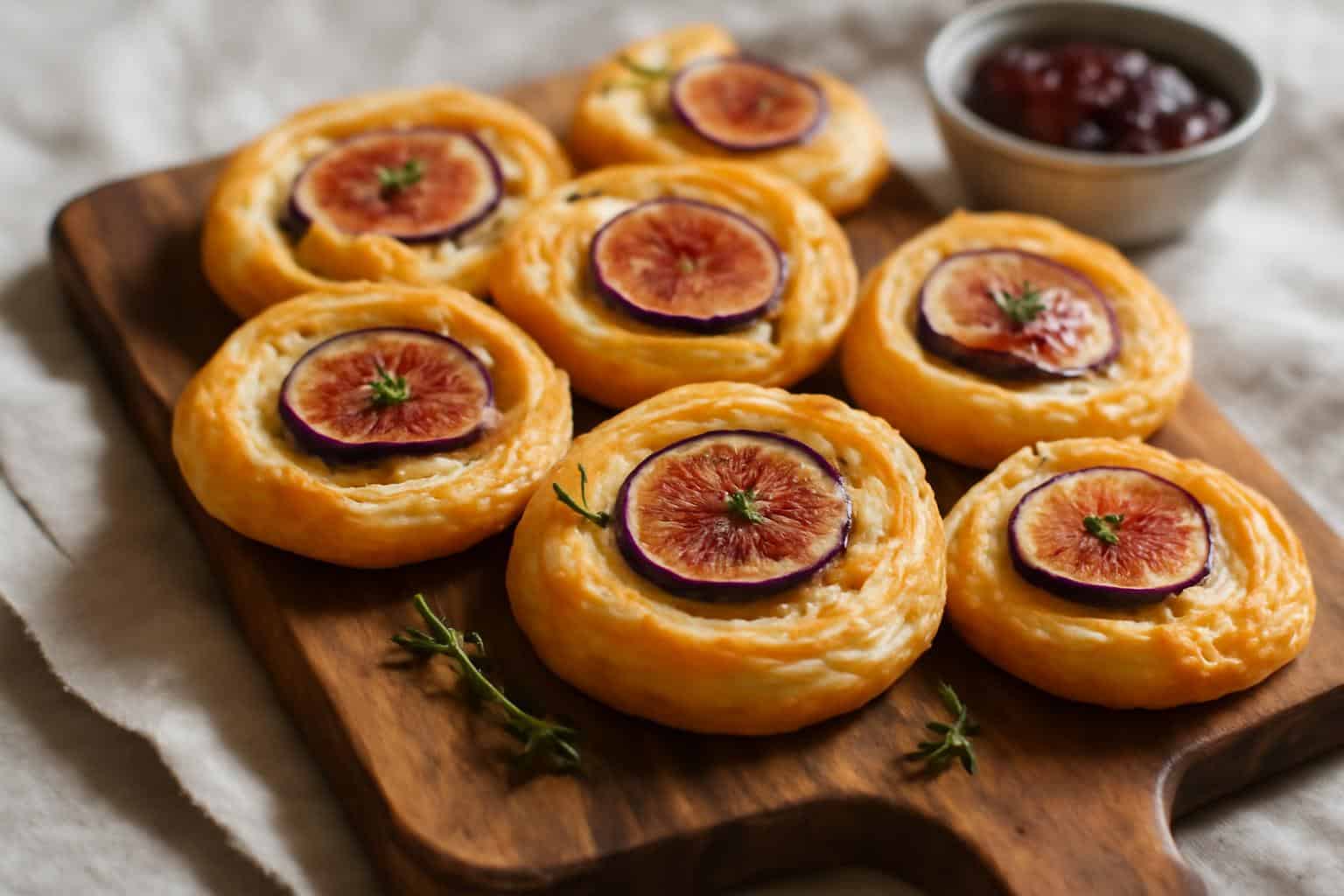 Freshly baked fig goat cheese pinwheels plated with fig slices and thyme garnish