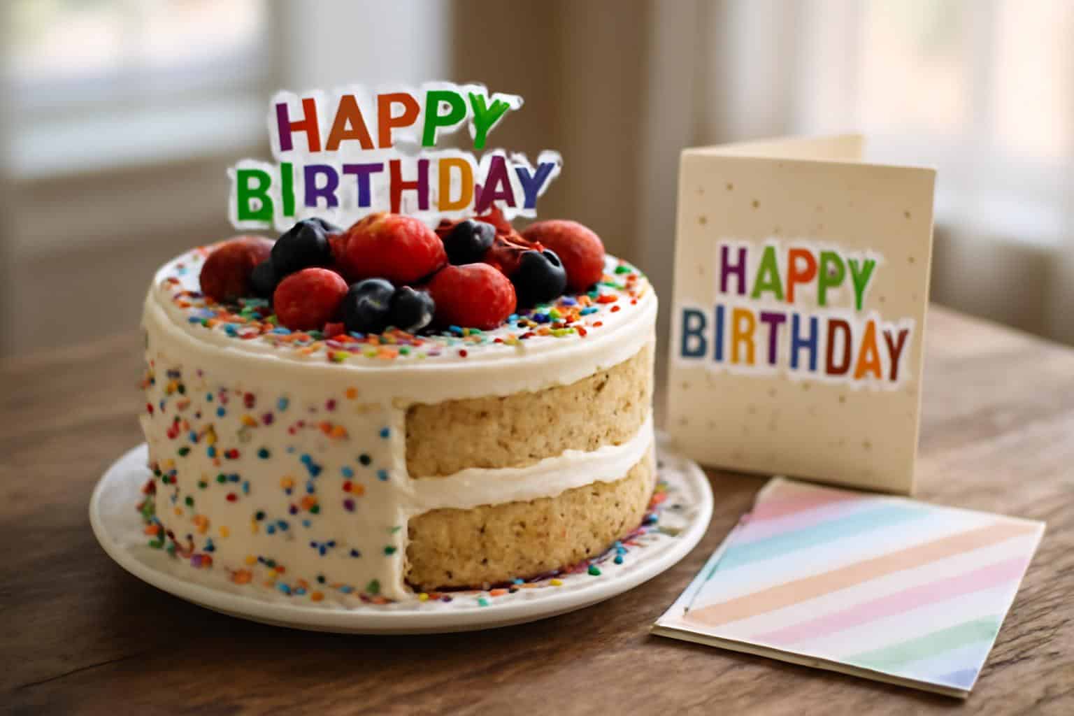 moist happy birthday cake with creamy frosting and colorful sprinkles on rustic table