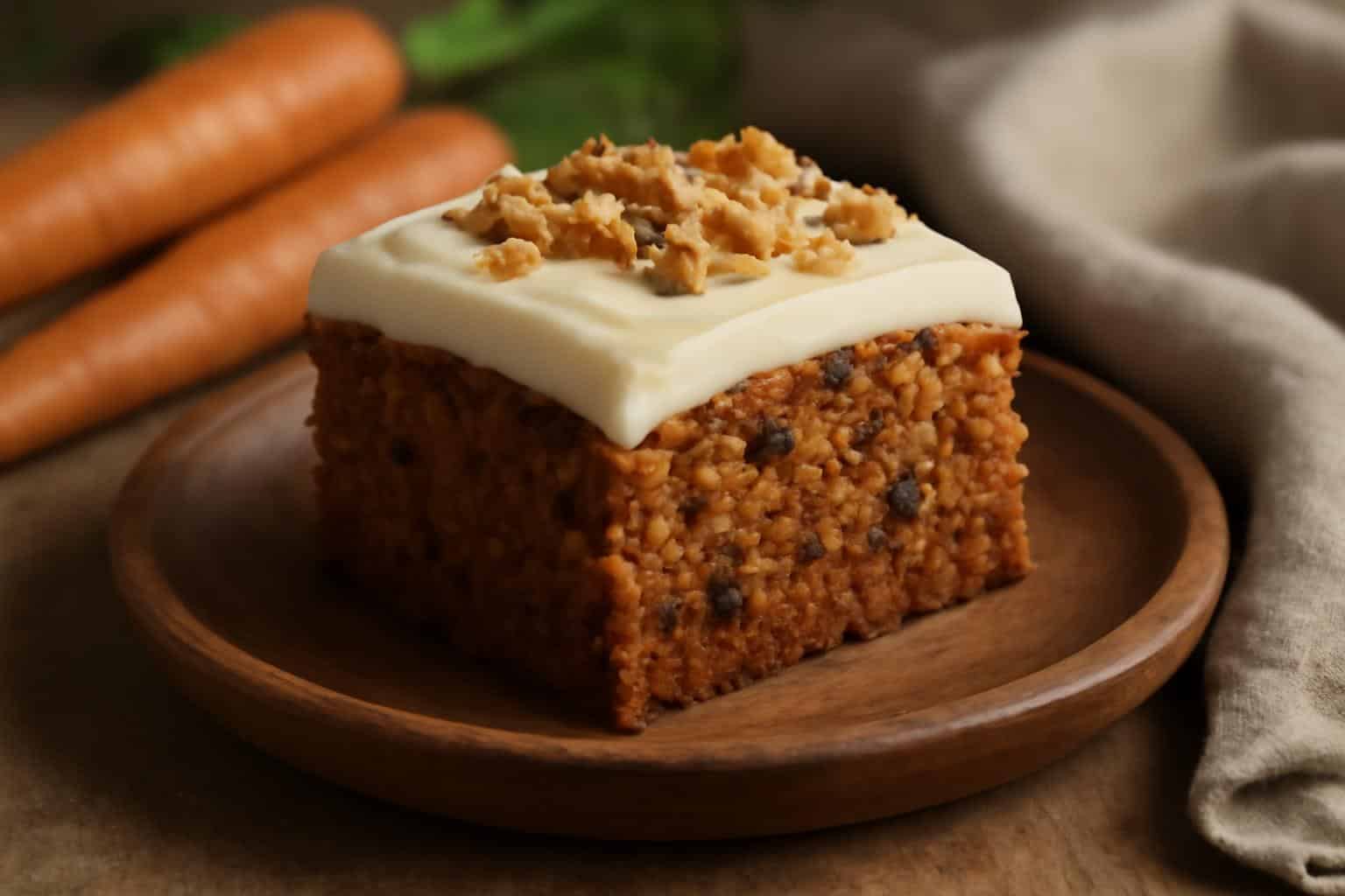 Slice of delicious homemade carrot cake with cream cheese frosting and walnuts