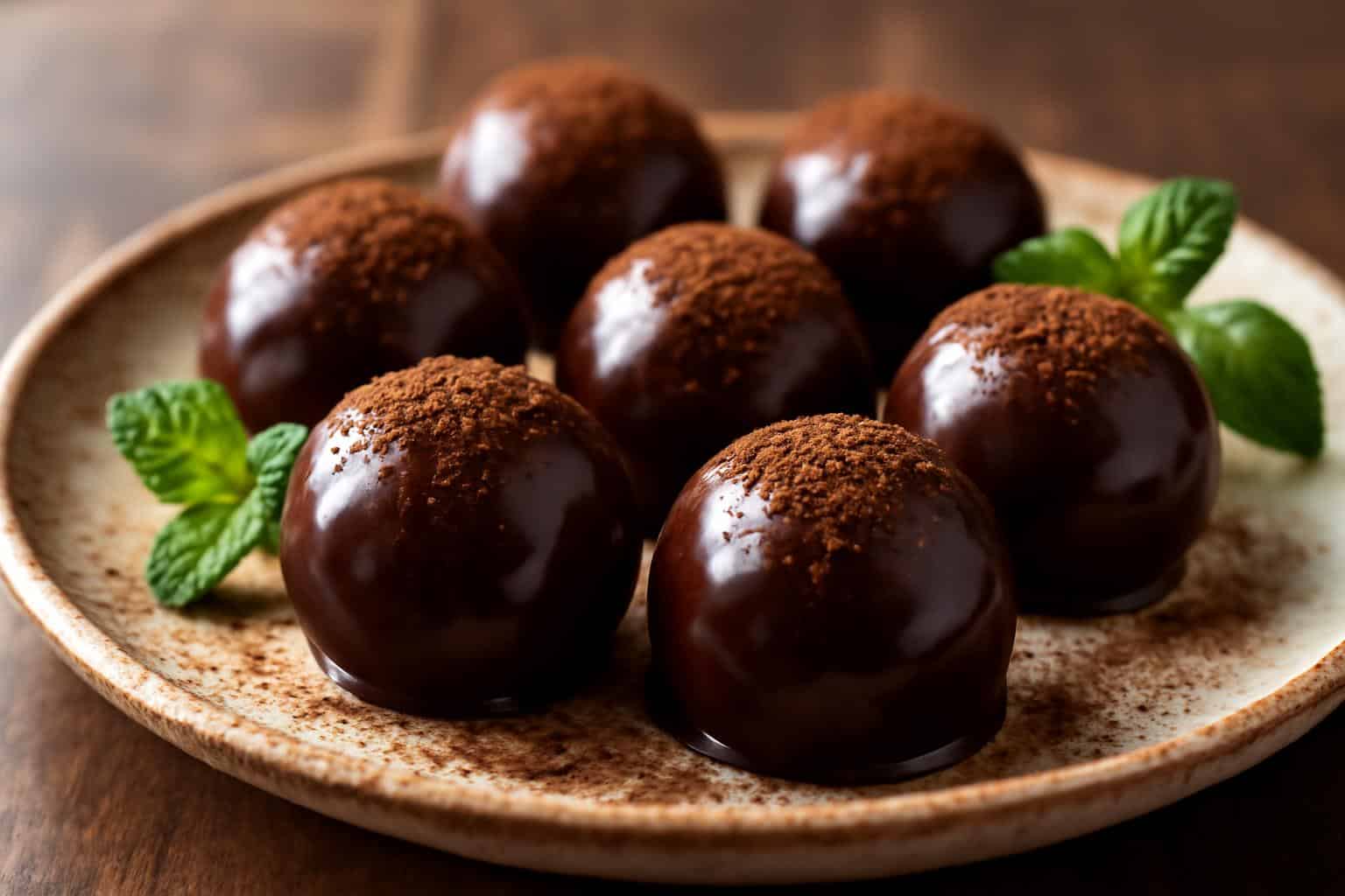 Fresh homemade chocolate truffles dusted with cocoa powder on a rustic plate