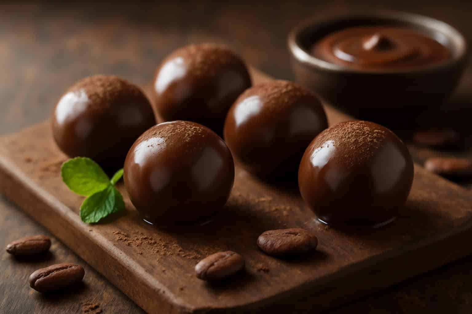 Homemade chocolate truffles with cocoa powder dusting and mint garnish close-up