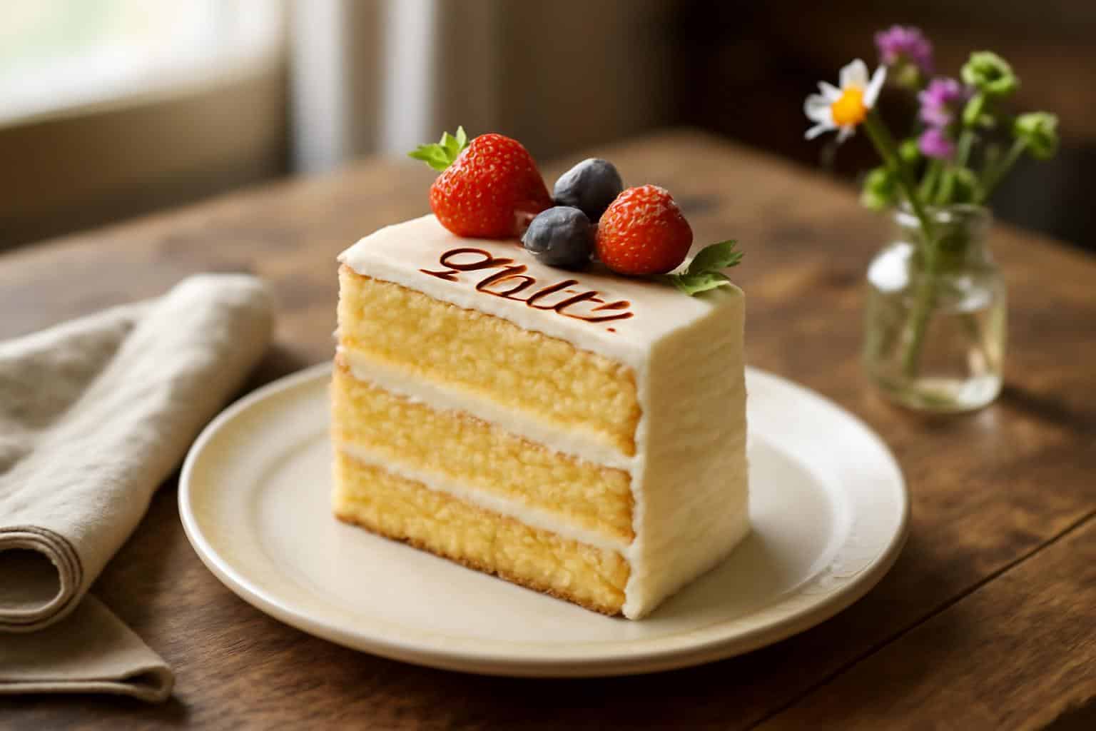 Moist and colorful July tortas recipe slice with fresh fruit garnish on rustic wooden table