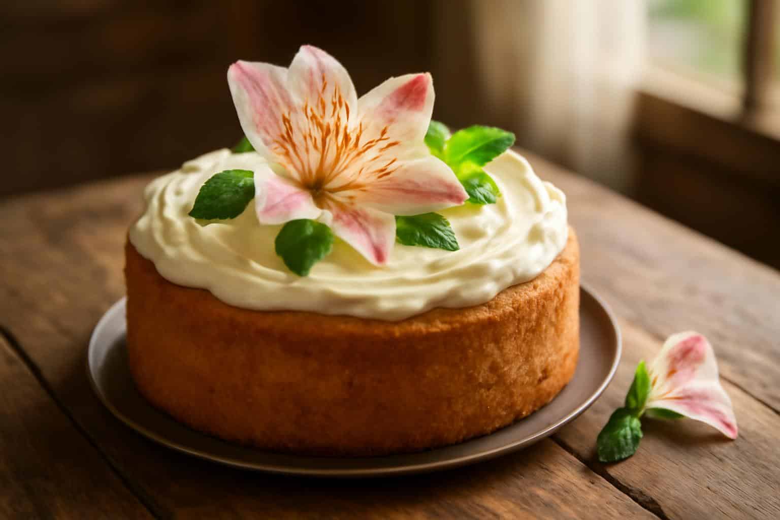 Moist and floral lilyum cake garnished with edible lily petals and fresh mint leaves
