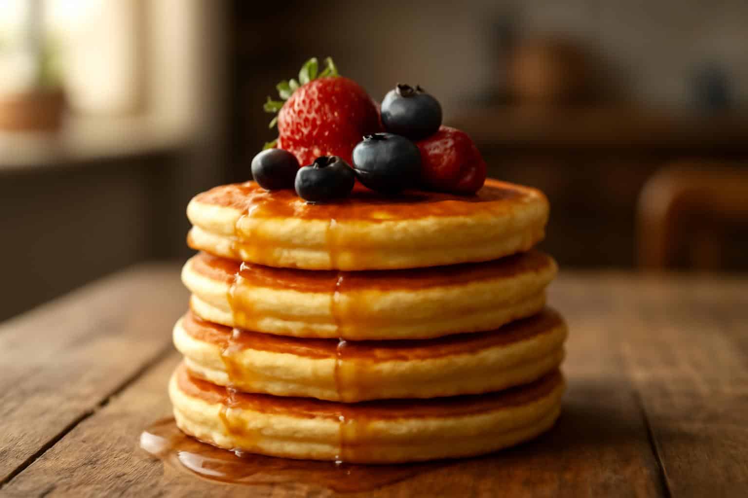 Stack of golden brown fluffy oh cakes topped with fresh berries and maple syrup