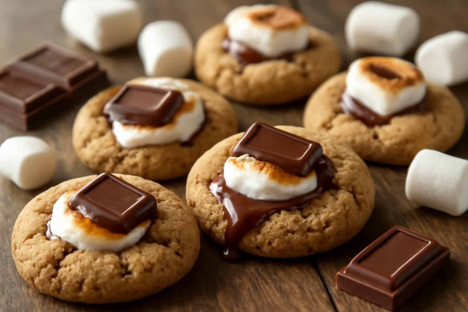 Freshly baked s'mores blossom cookies with melted chocolate and toasted marshmallow centers
