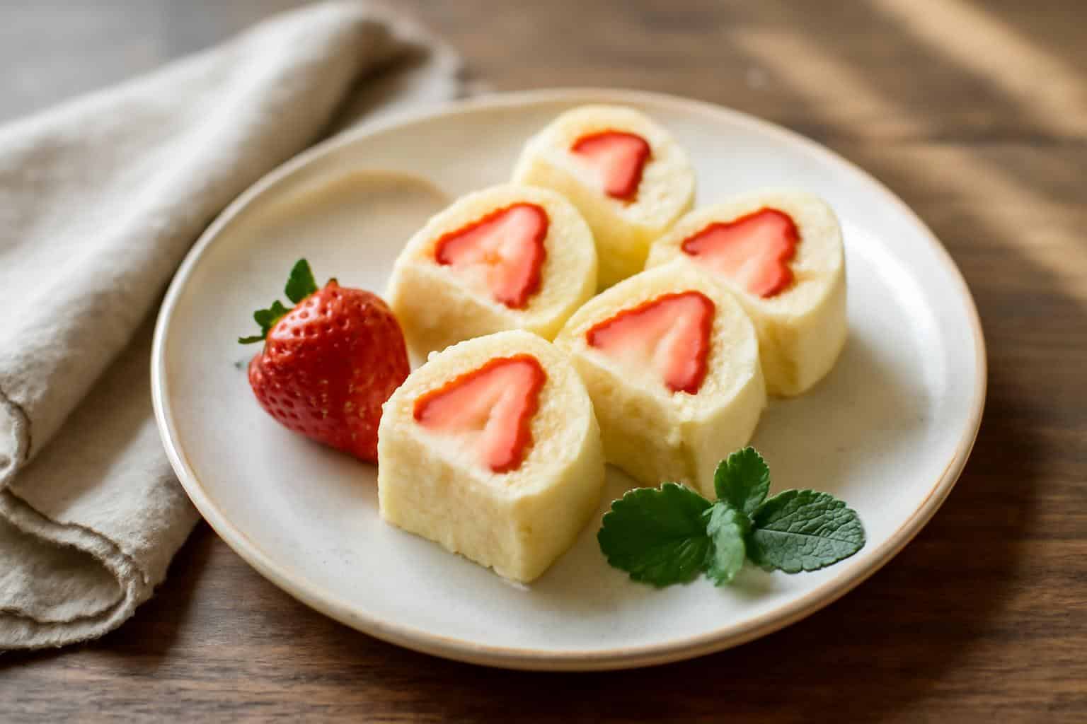 Strawberry shortcake sushi rolls on a rustic wooden plate with fresh mint garnish and natural light
