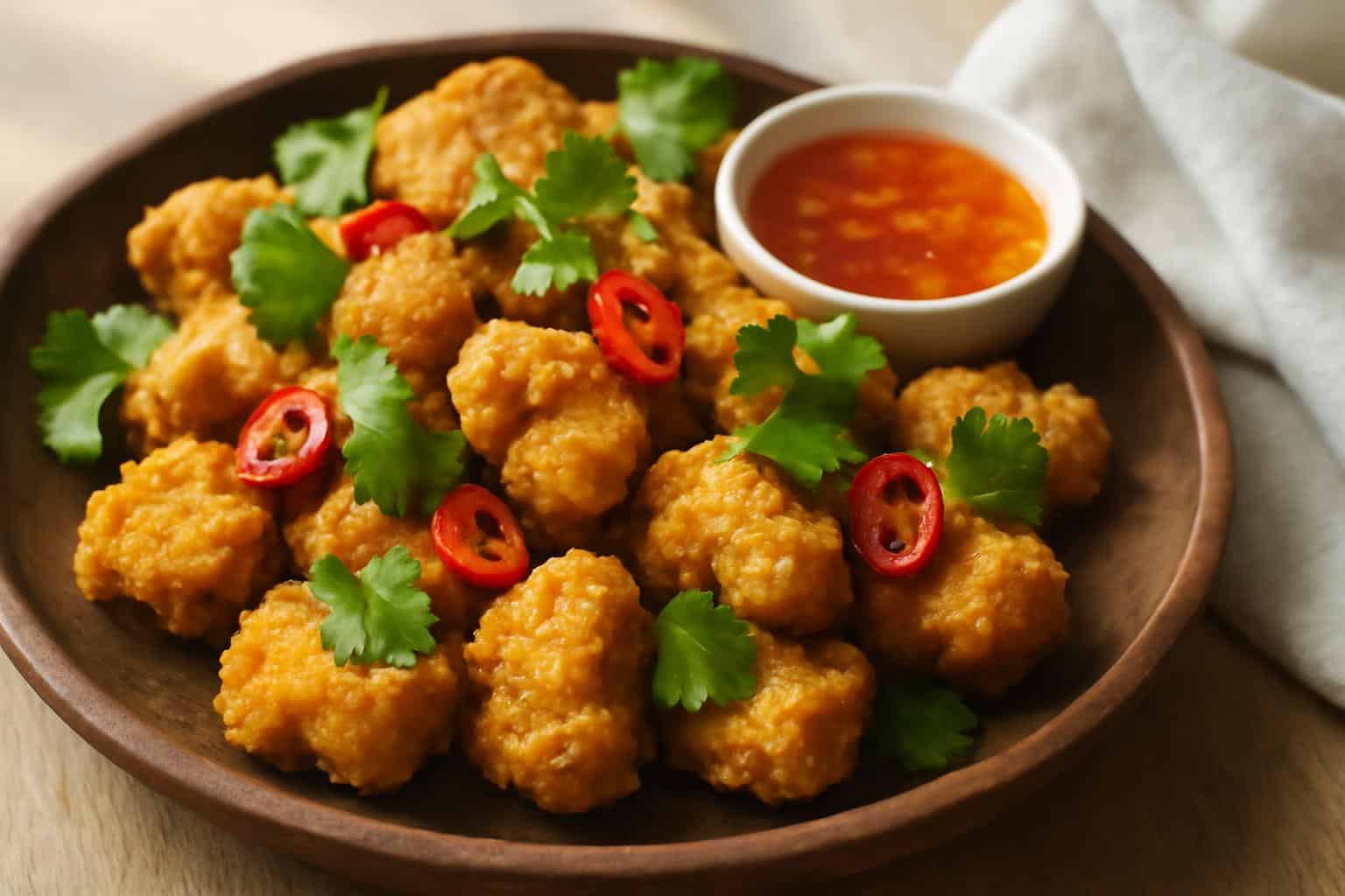 crispy golden thai chicken bites garnished with cilantro and red chili peppers