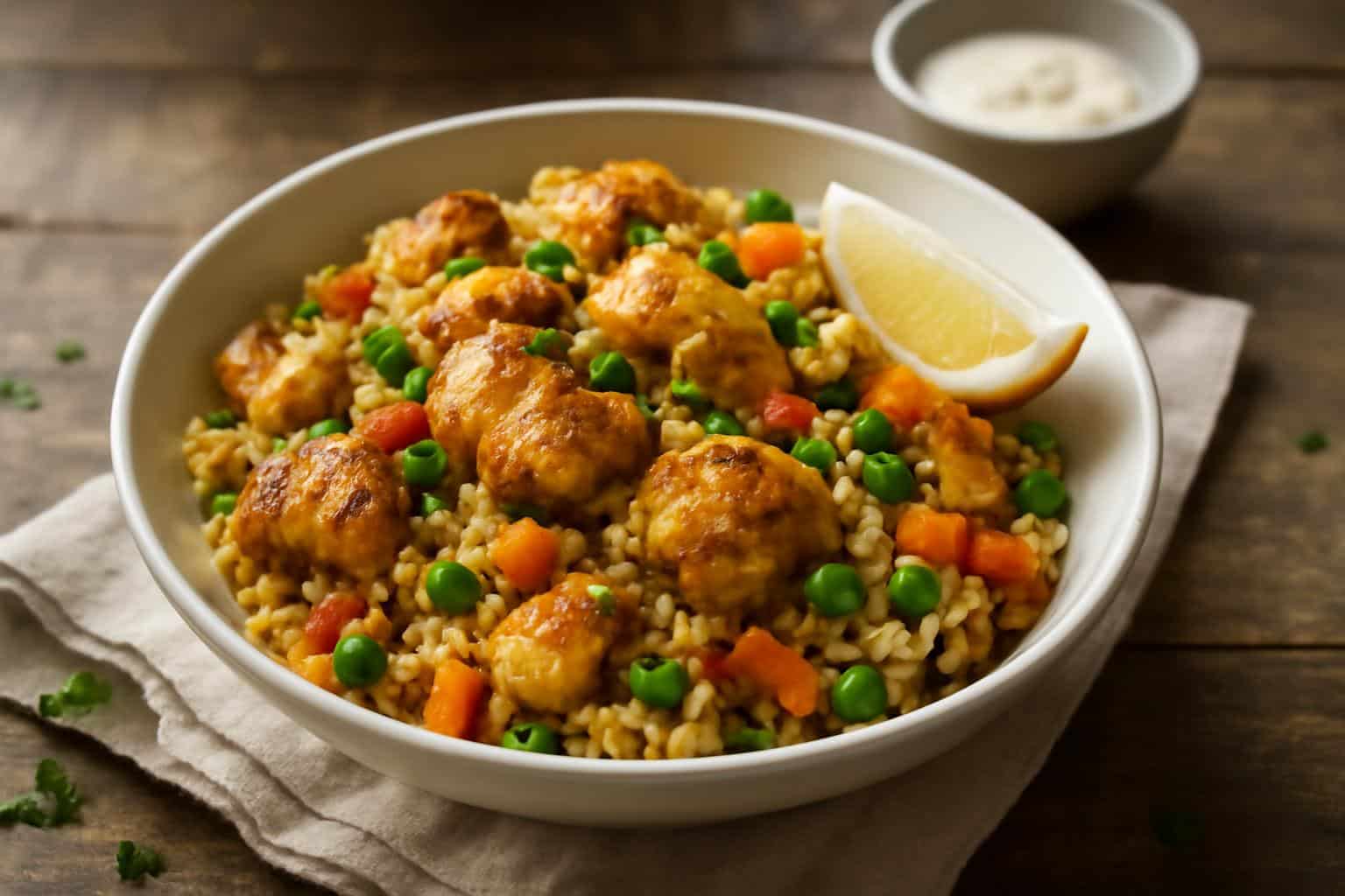 Savory budget friendly meals bowl with chicken, rice, and vegetables garnished with parsley