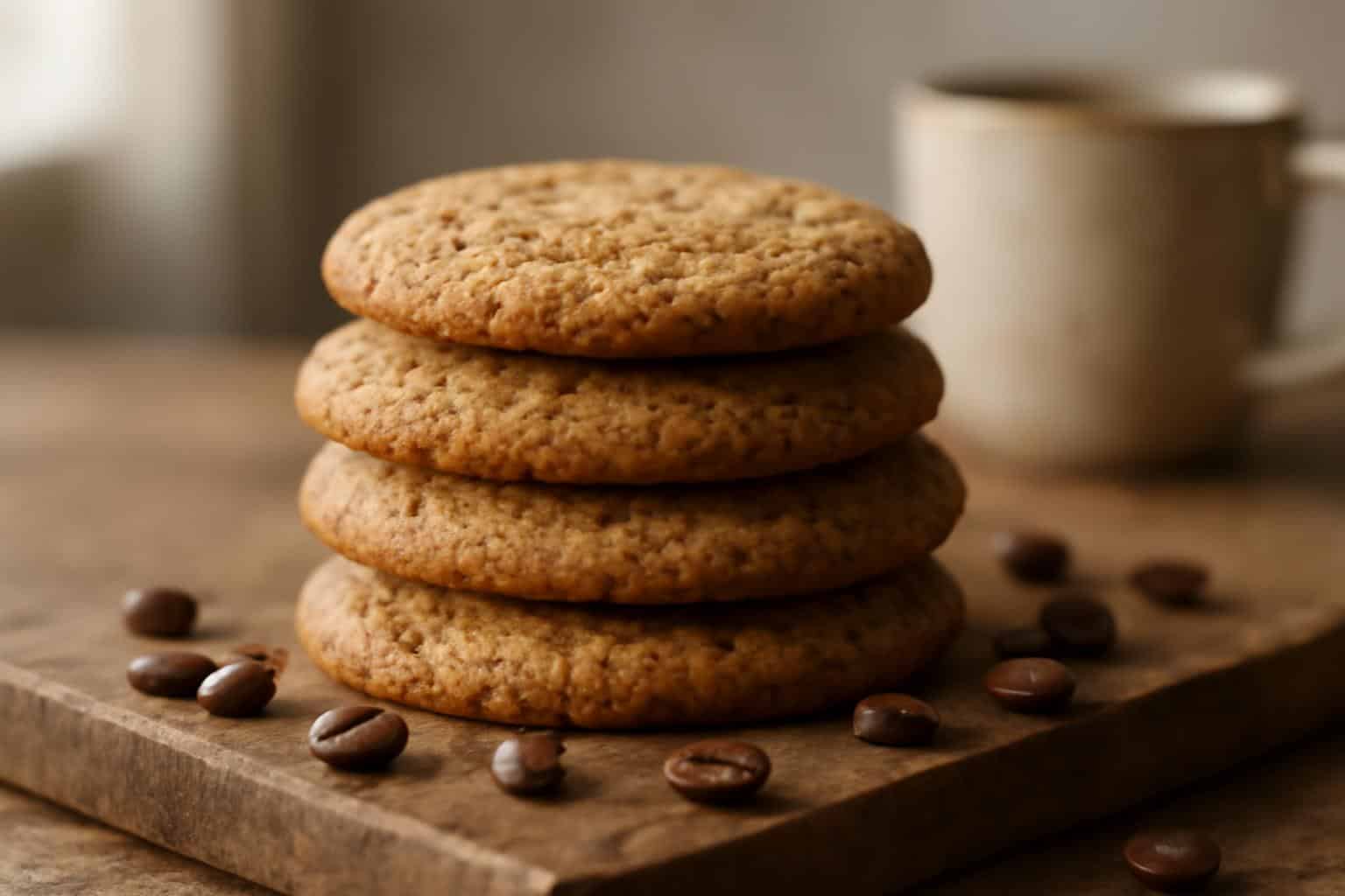 Freshly baked coffee cookies with golden edges and coffee beans nearby, showcasing coffee cookies