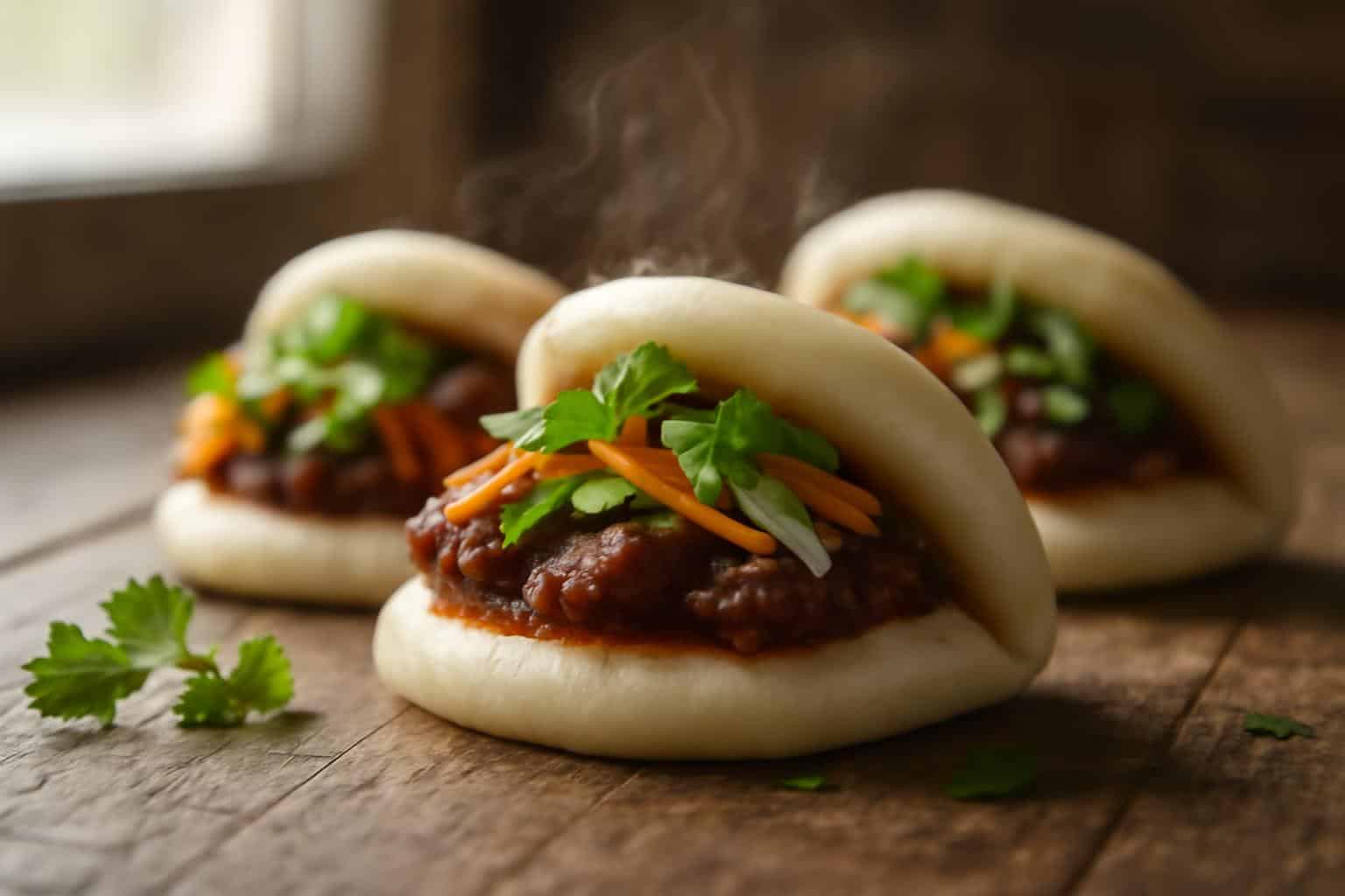 fresh soft fluffy bao buns filled with savory pork and pickled vegetables, showcasing bao buns