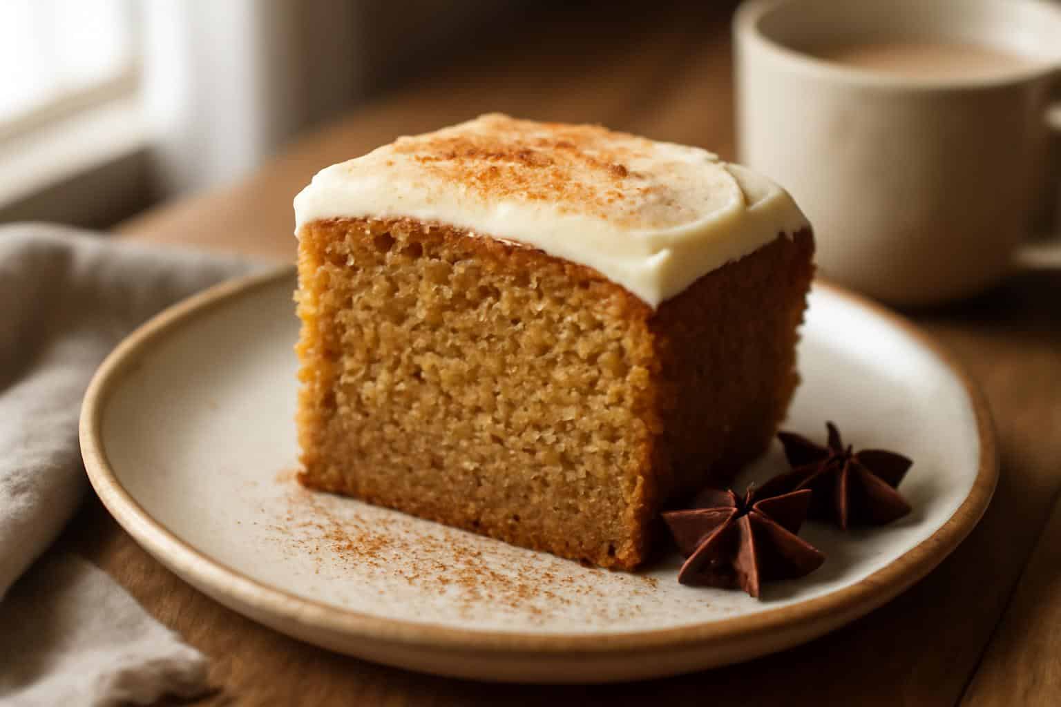 sliced moist chai cake with warm spices on rustic plate, chai cake recipe