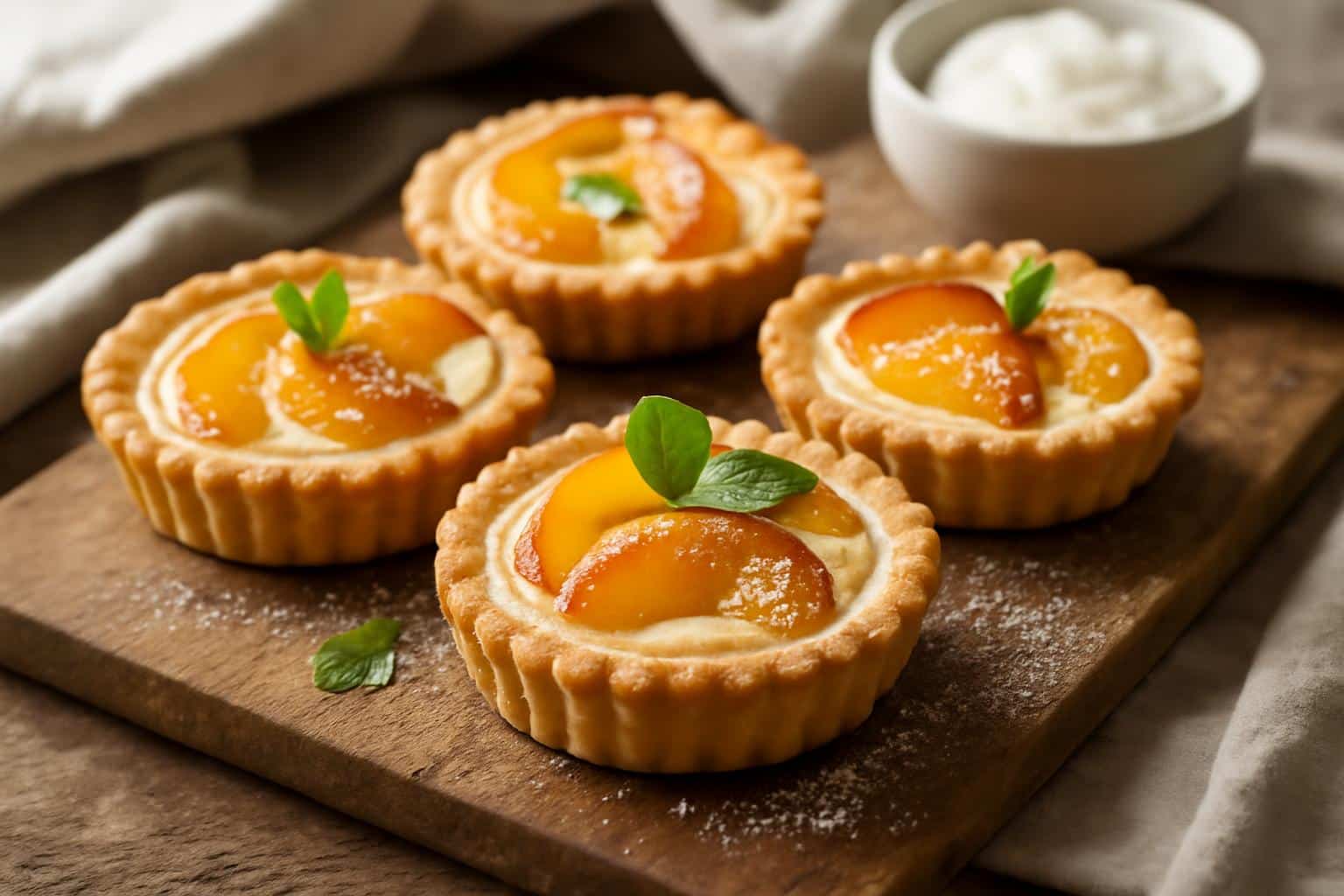 Mini peach tarts with cream cheese filling on rustic board, garnished with mint, showcasing mini peach tarts