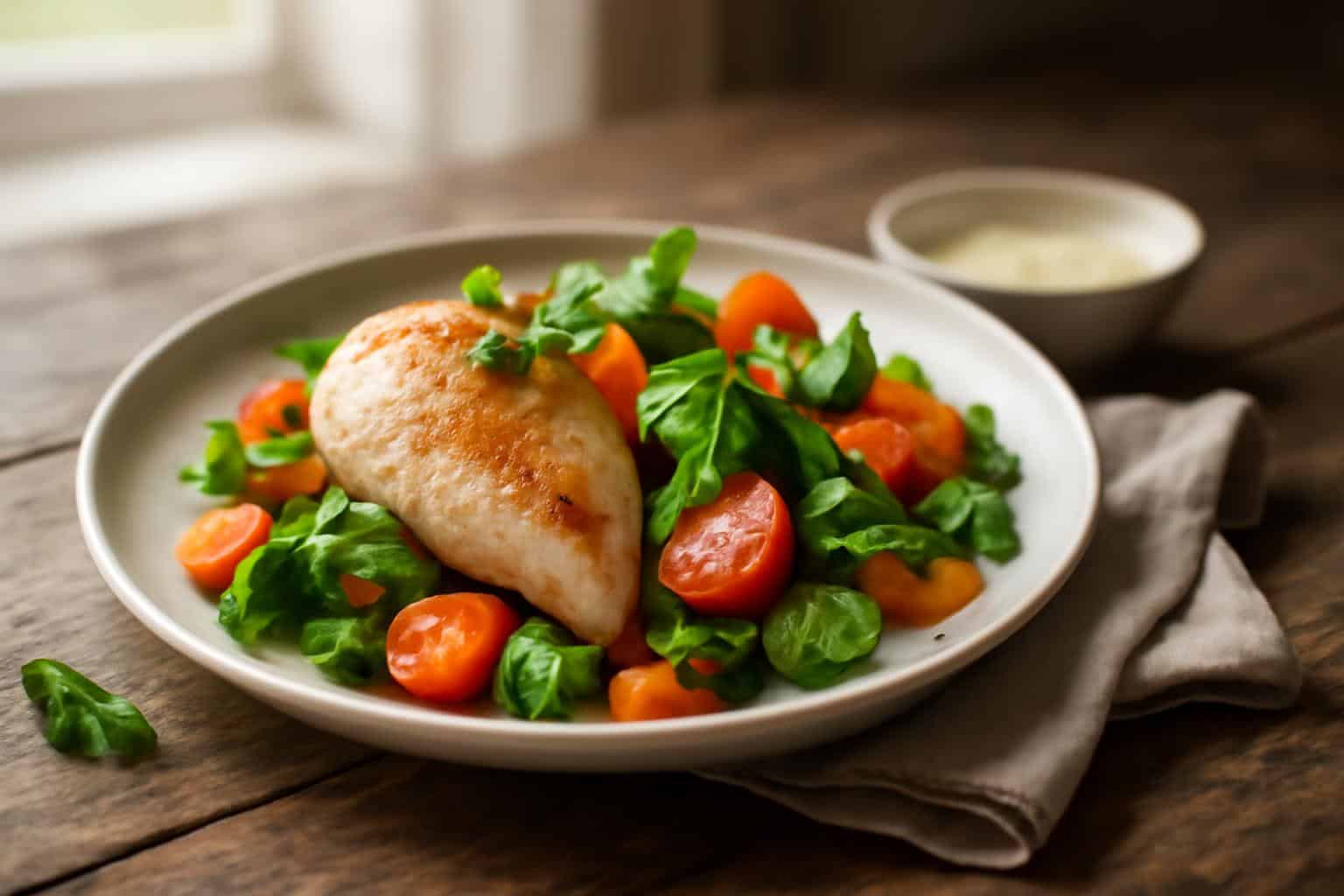 Recipes learn dish with tender chicken and colorful vegetables garnished with fresh herbs