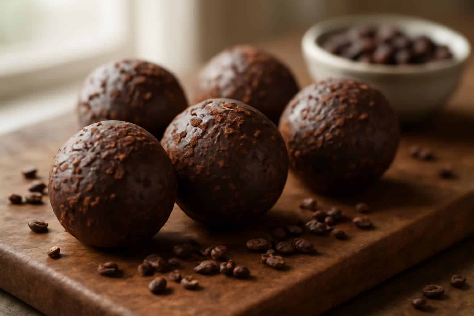 Double choc crunch protein balls on wooden board with chocolate chips, protein balls snack