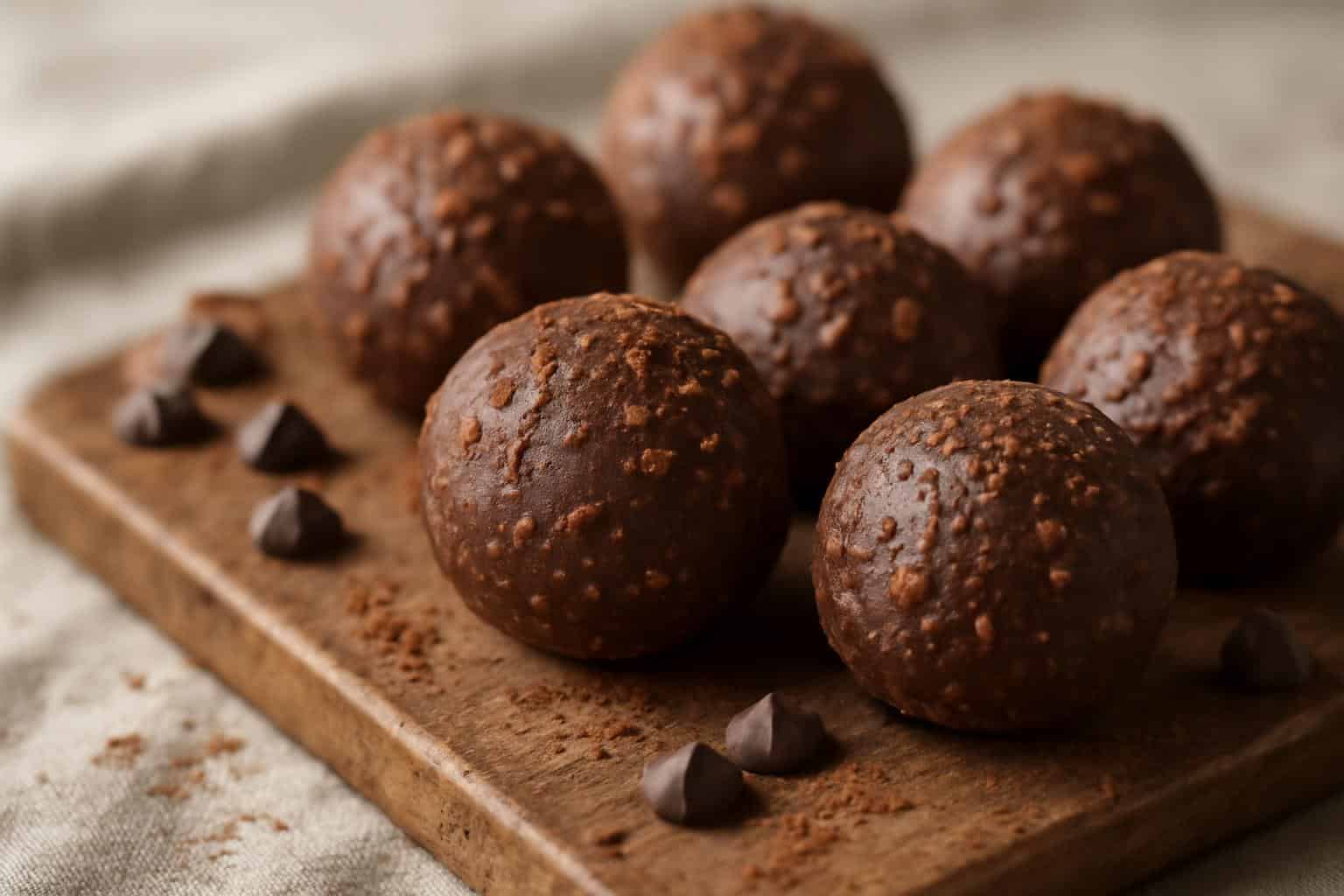 Double choc crunch protein balls on wooden board with chocolate chips and cocoa garnish