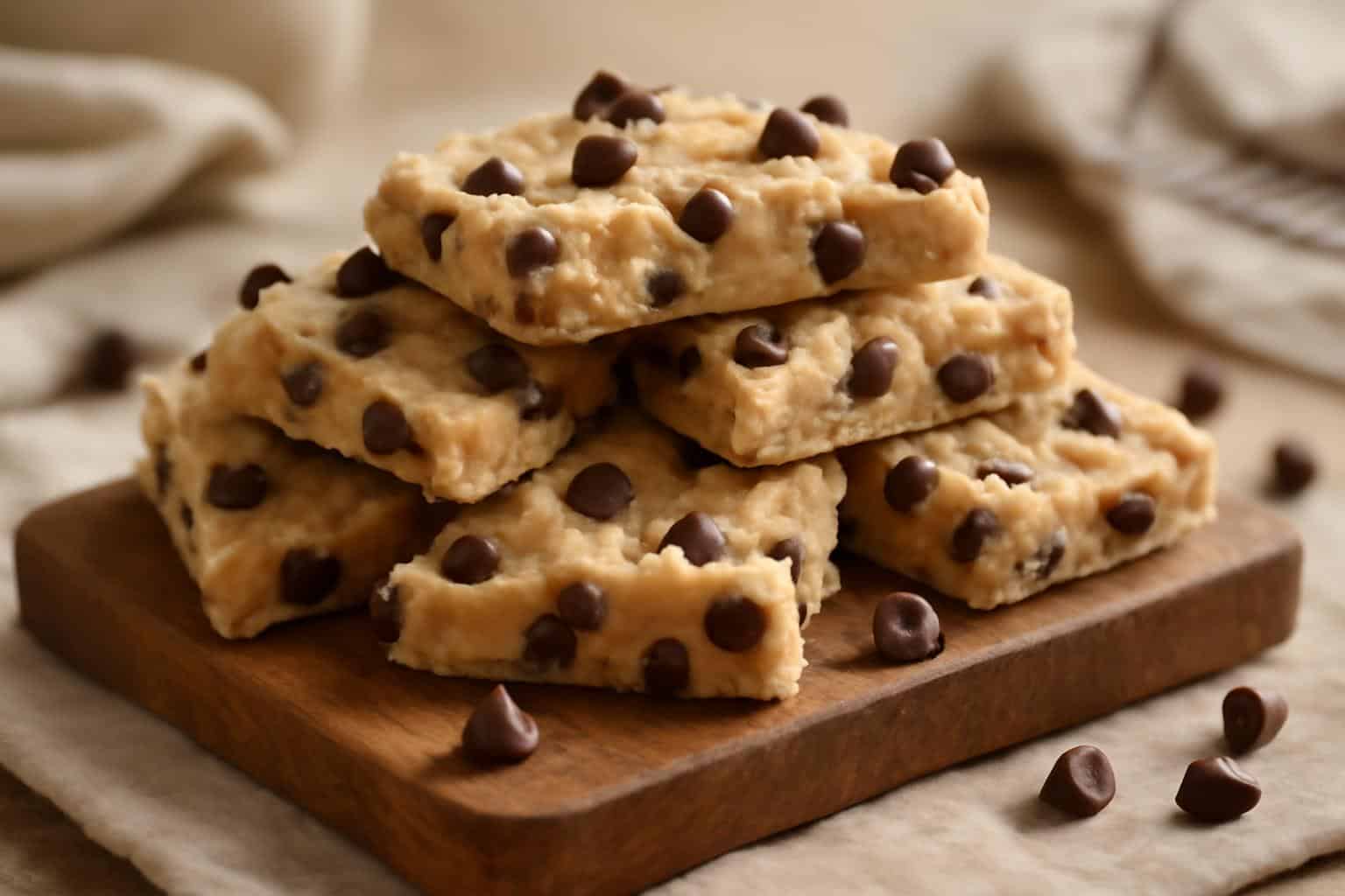 Close-up of gluten-free cookie dough bark pieces with chocolate chips on a wooden board