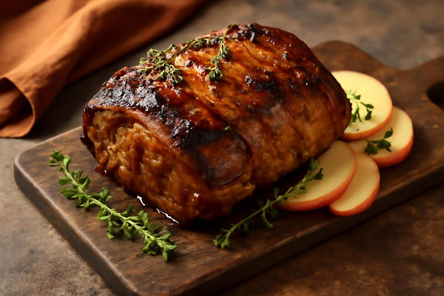 Roasted apple cider-glazed pork shoulder garnished with thyme and apple slices