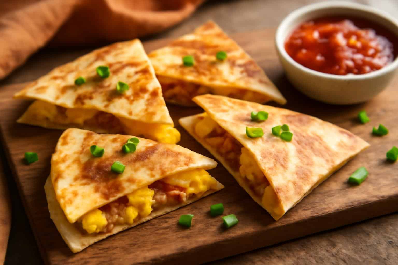 Golden bacon egg and cheese breakfast quesadillas with green onion garnish and salsa, breakfast quesadillas