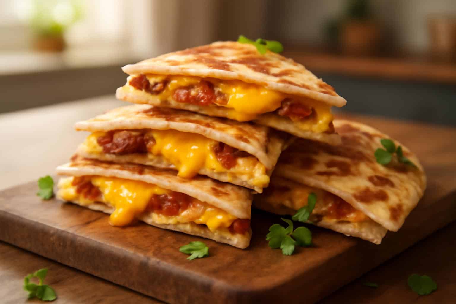 Breakfast quesadillas with bacon, egg, and melted cheese on a rustic board