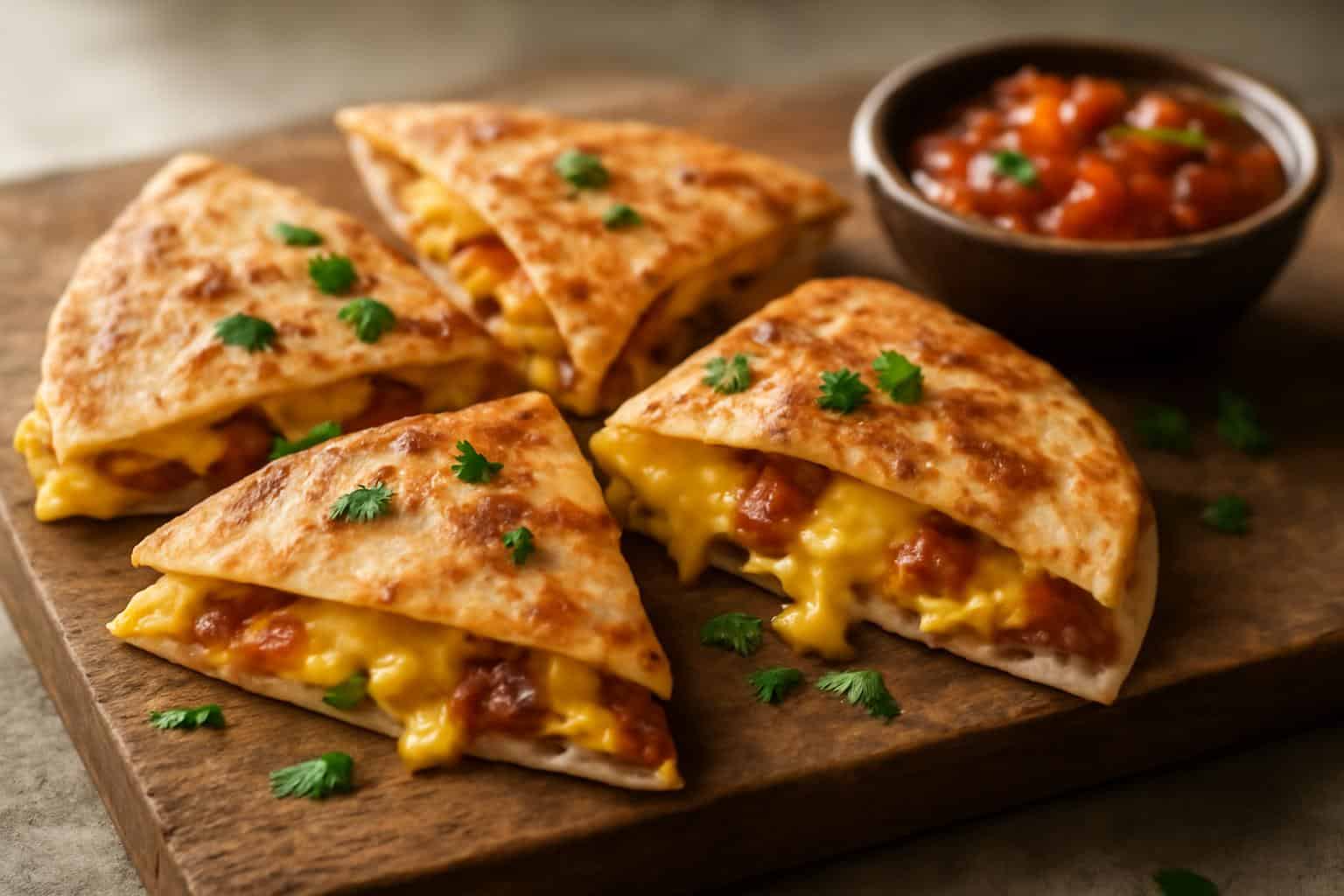 Golden bacon egg and cheese breakfast quesadillas with melted cheese and fresh cilantro garnish