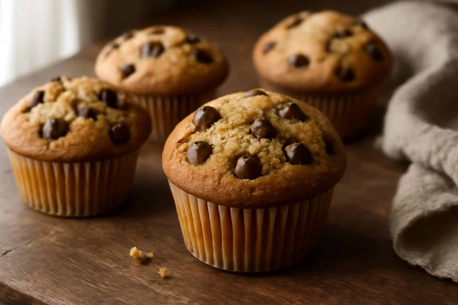 Easy bakery style chocolate chip muffins with golden tops and melted chocolate chips