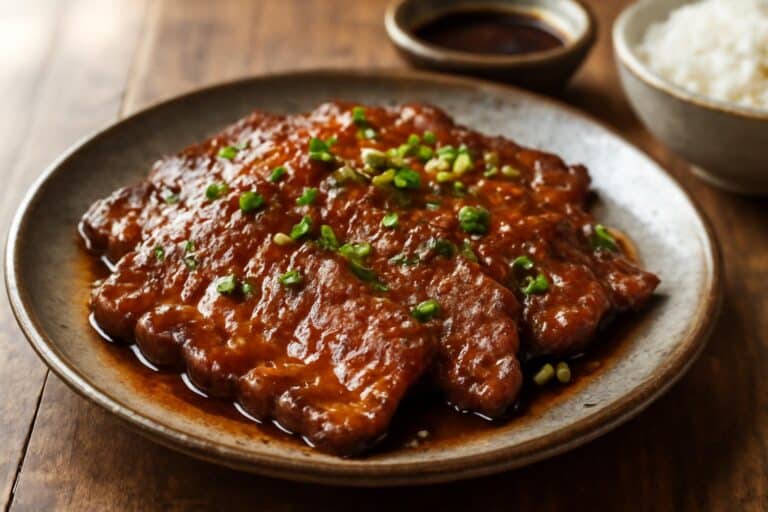 Plate of easy beef yakiniku with grilled beef slices and garnishes, showcasing beef yakiniku Japanese BBQ
