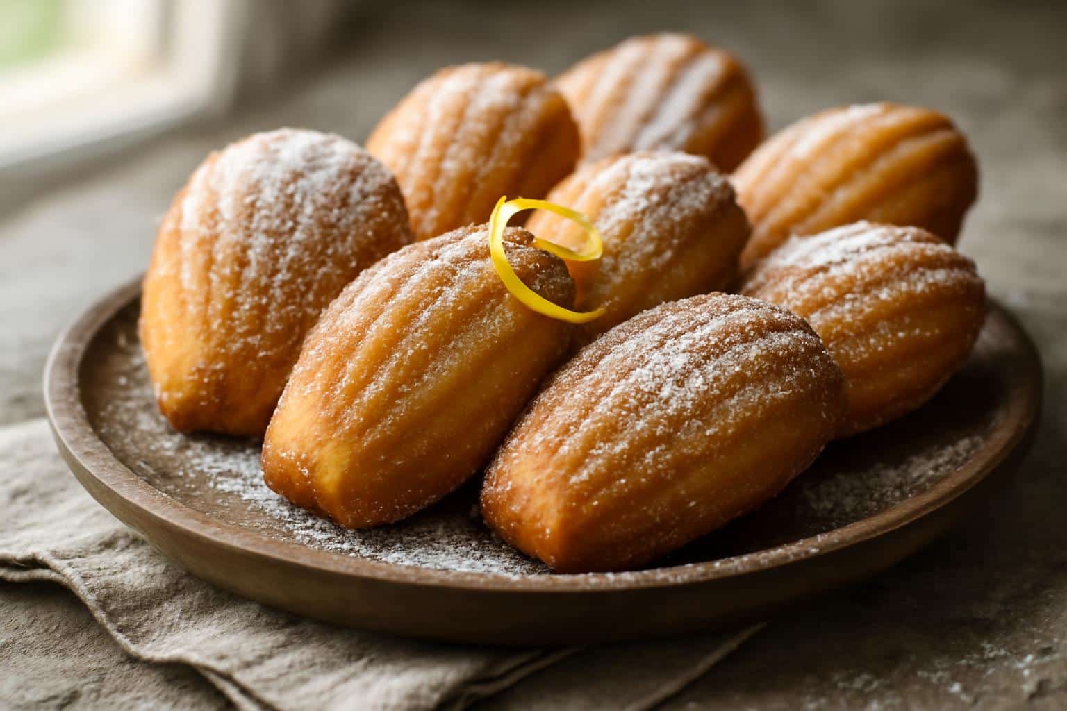 Perfectly crispy classic french madeleines on a rustic platter with powdered sugar