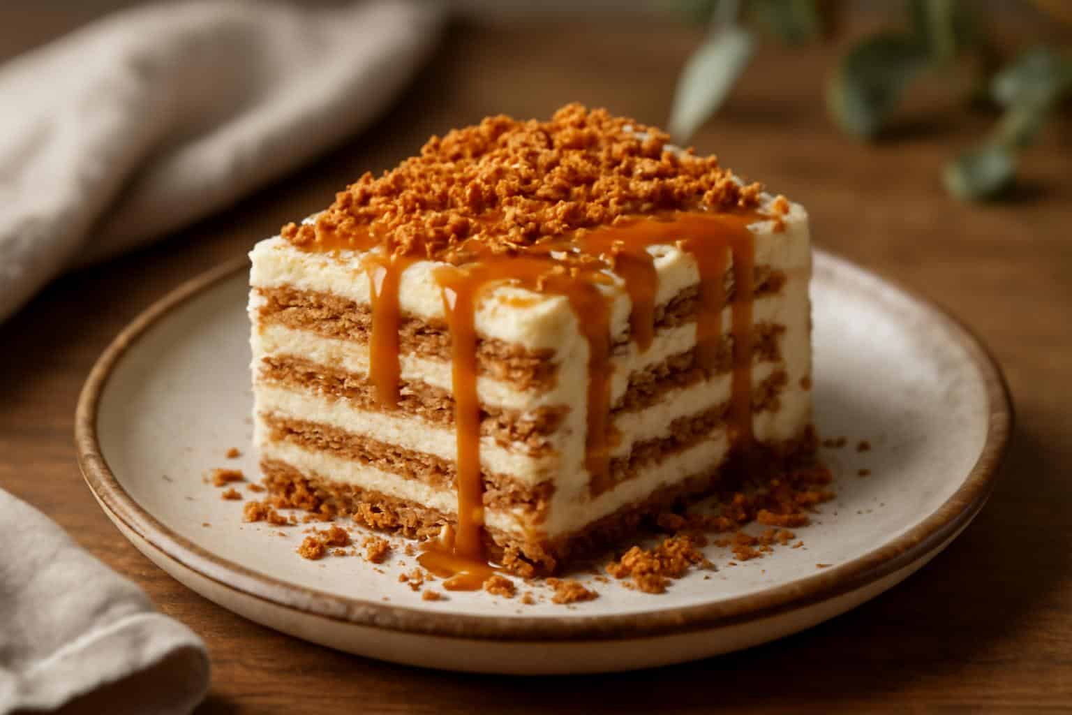 Slice of biscoff icebox cake with creamy layers and cookie crumbs as the biscoff icebox cake dessert