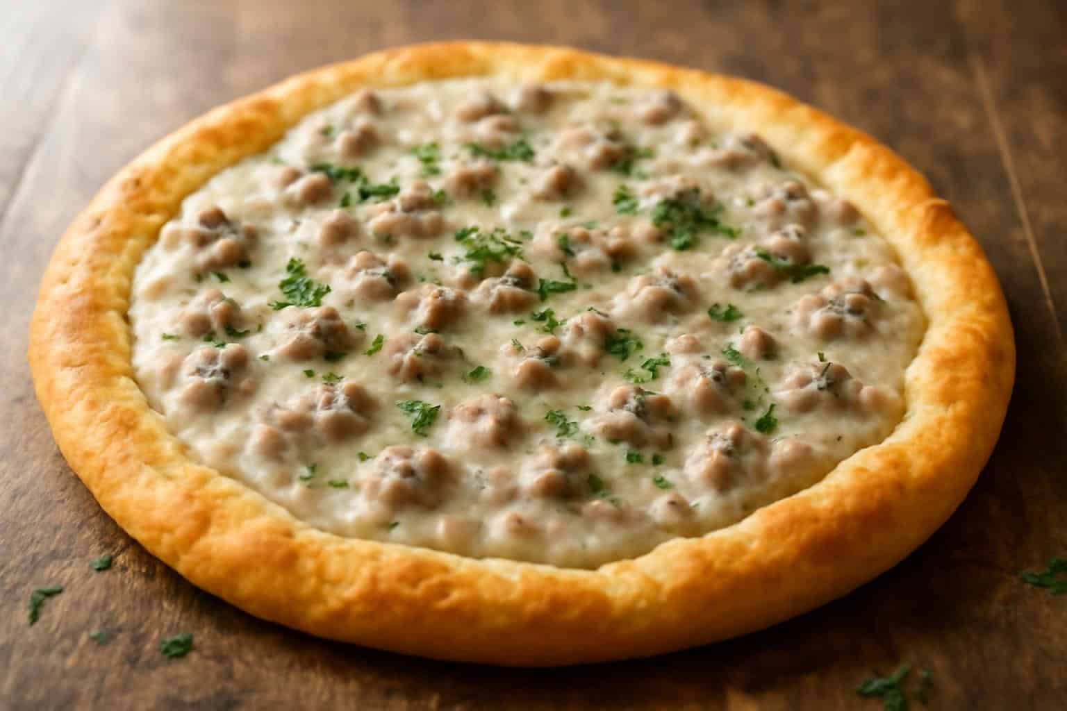 Biscuits and gravy pizza topped with creamy sausage gravy and parsley garnish