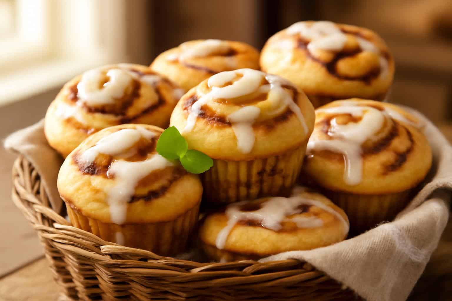Brown butter cinnamon roll cream cheese muffins with creamy frosting on rustic basket, brown butter cinnamon roll muffin