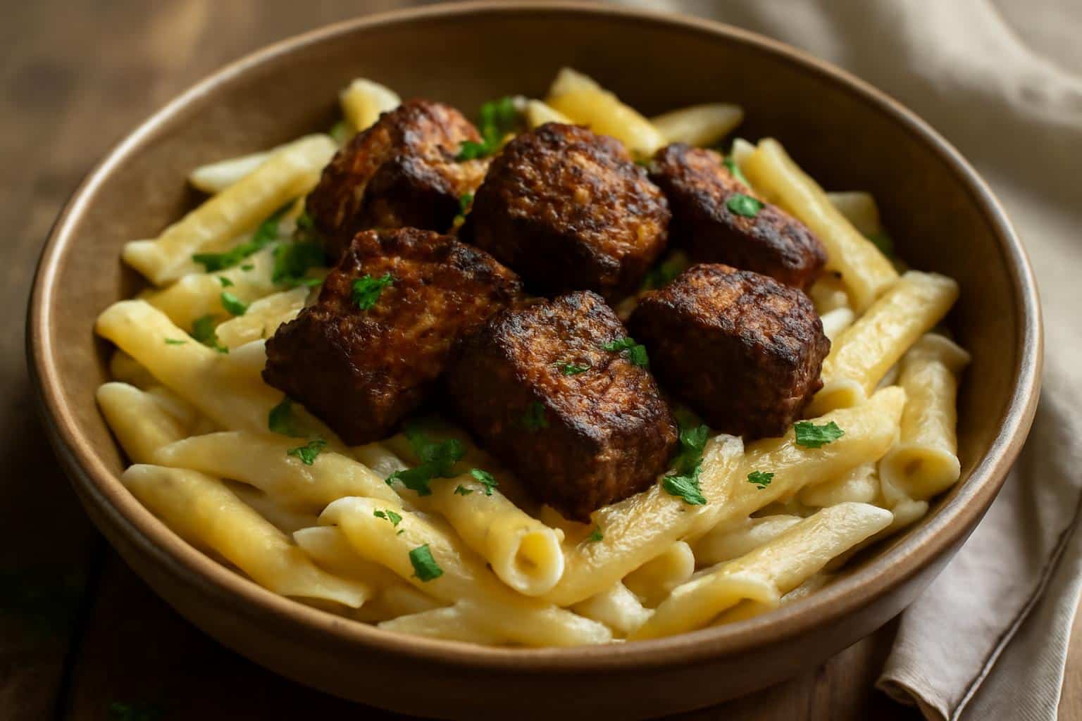 Plate of creamy parmesan penne pasta topped with spicy cajun steak tips garnished with parsley