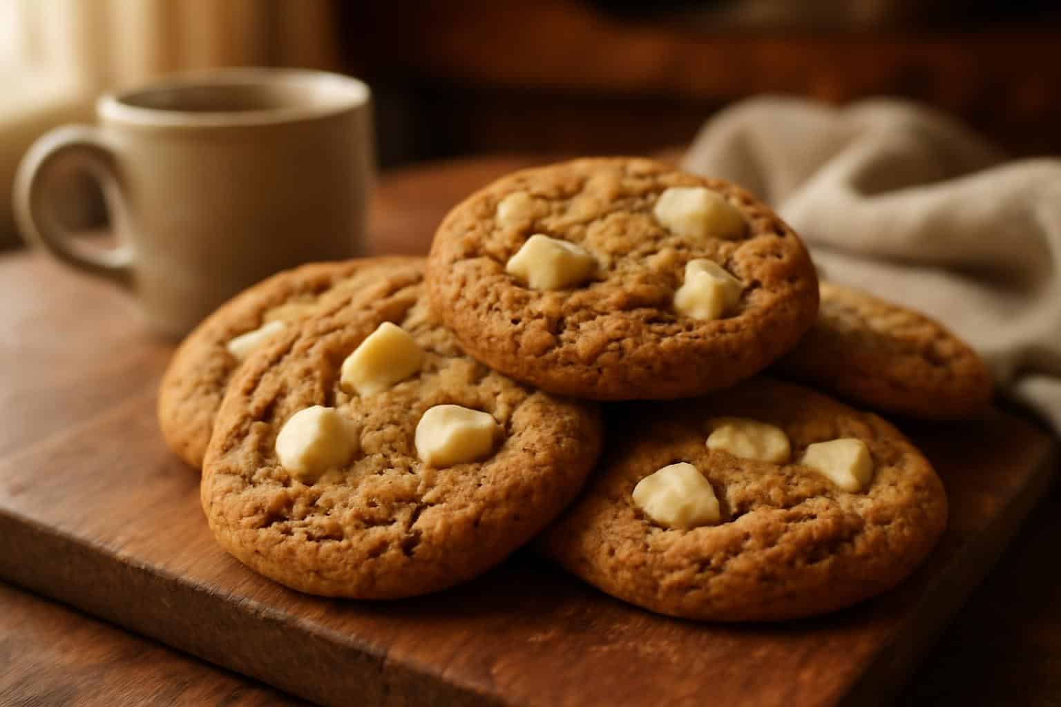 Easy cappuccino cookies with white chocolate on rustic board, coffee-flavored treat