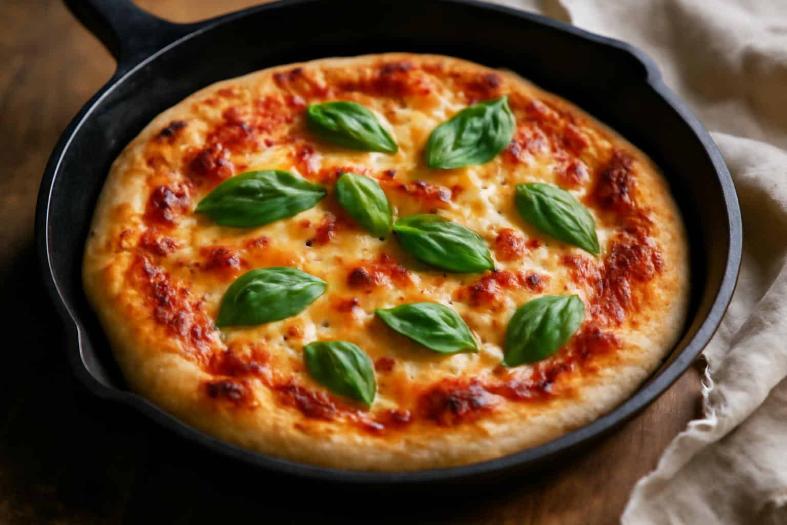 Freshly cooked cast iron skillet pizza with crispy crust and melted cheese on a rustic surface