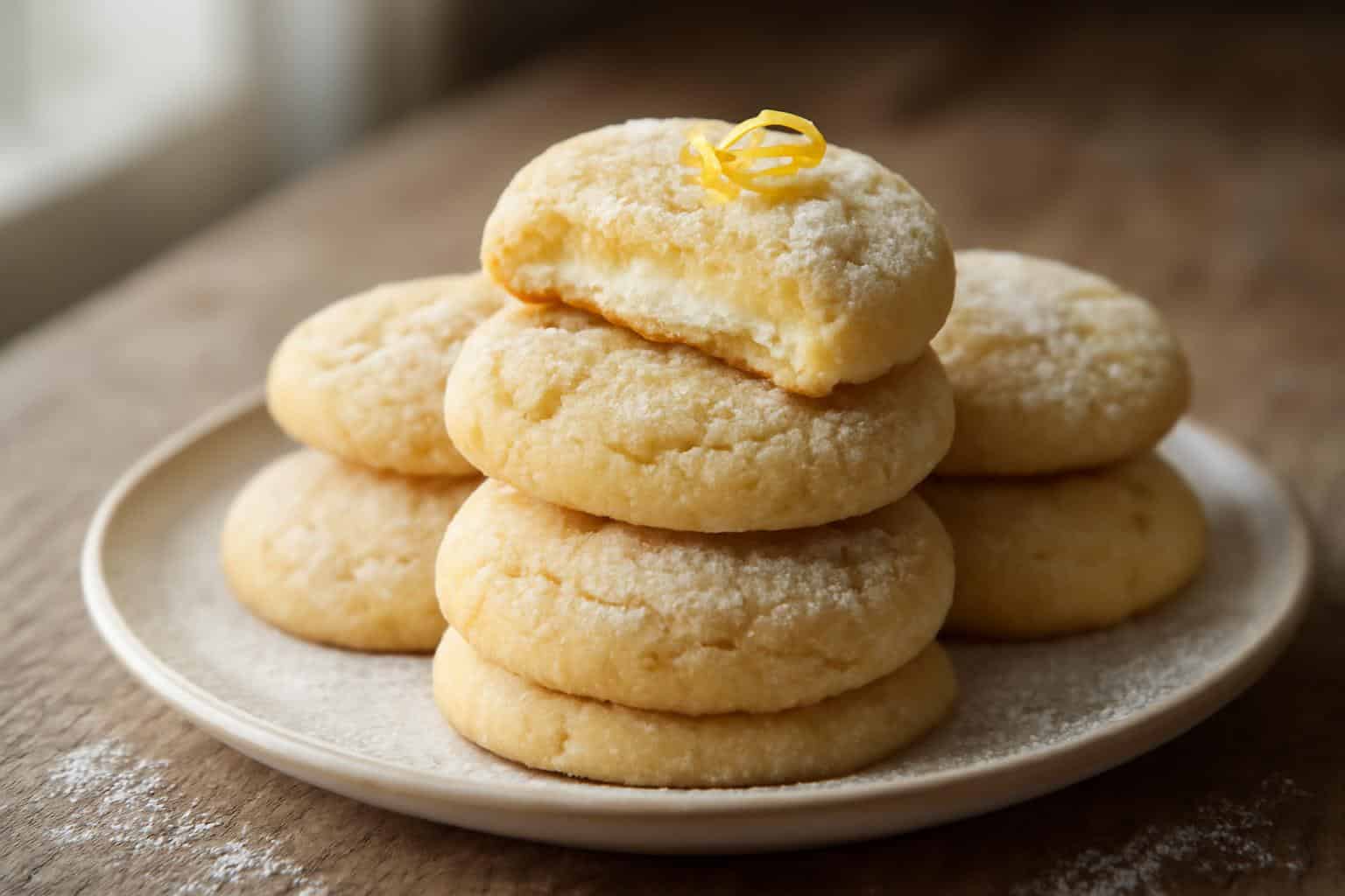 Lemon sugar cookies stuffed with creamy cheesecake filling on a rustic wooden plate