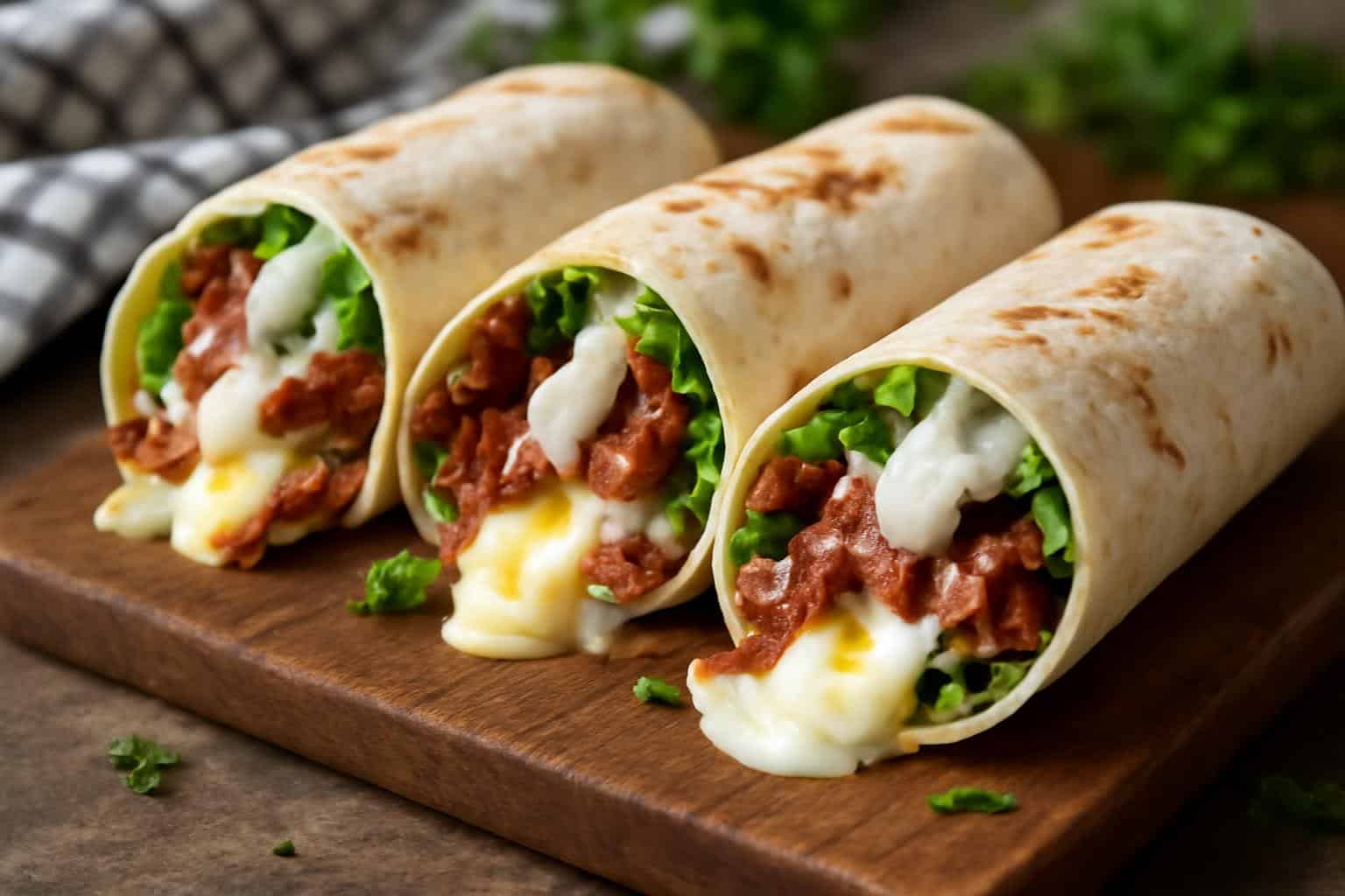Close-up of cheesy bacon ranch wraps with melted cheese and crispy bacon on rustic board