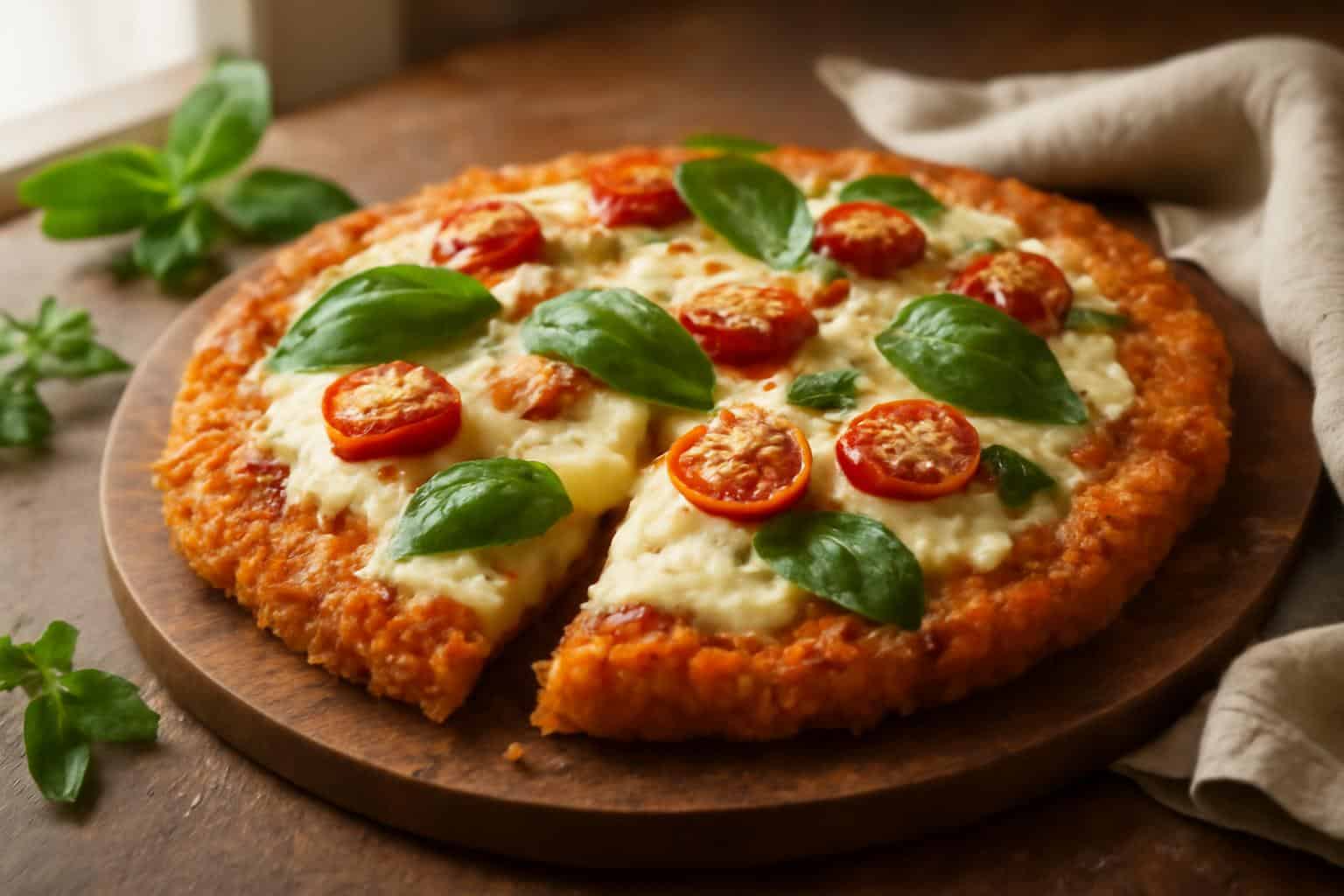 Crispy chicken crust pizza topped with cheese and fresh herbs, showcasing chicken crust pizza