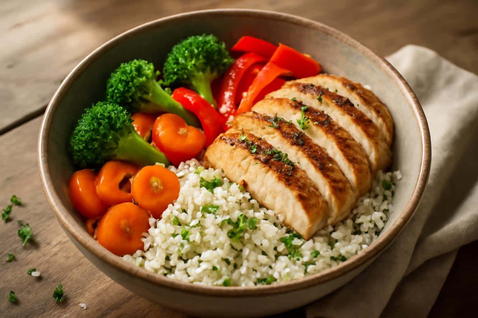 A colorful chicken rice bowl with grilled chicken, vegetables, and rice, perfect chicken rice bowls meal prep
