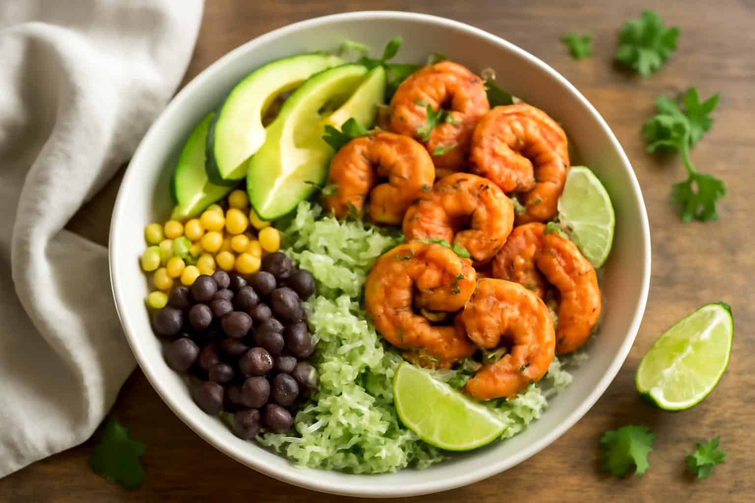 Chipotle lime shrimp bowl with shrimp, cilantro-lime rice, avocado, corn, and black beans