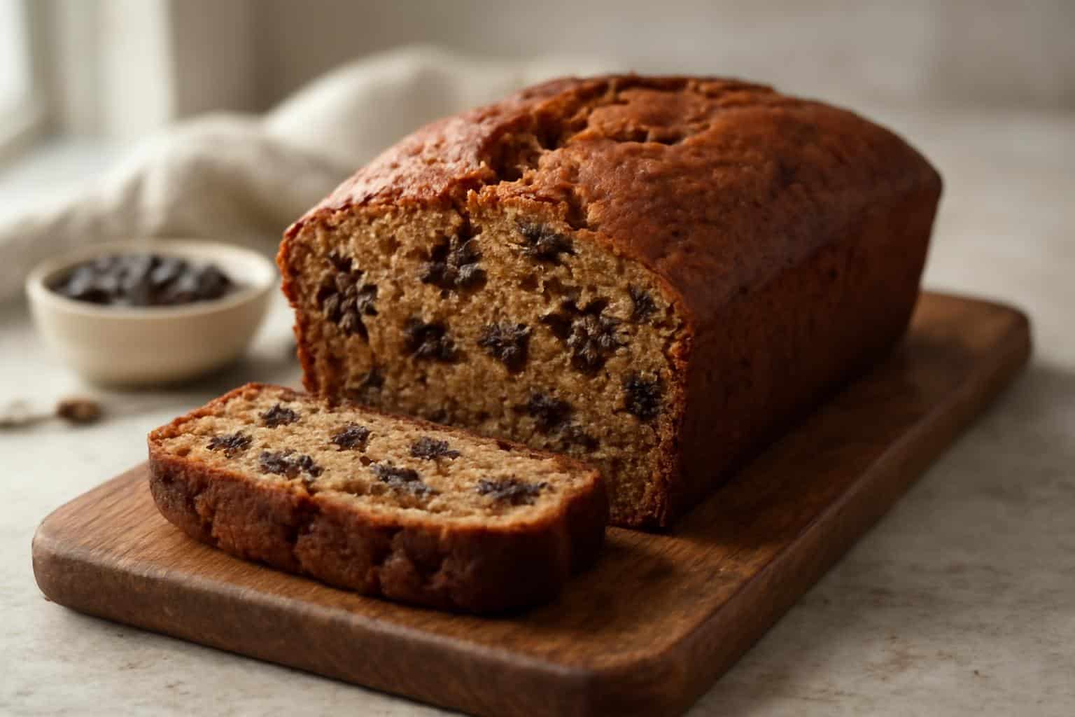 Moist chocolate chip banana bread sliced on wooden board with visible chocolate chips