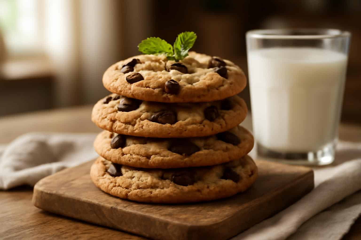Freshly baked chocolate chip cookies with melty chocolate chips and golden edges on a wooden board